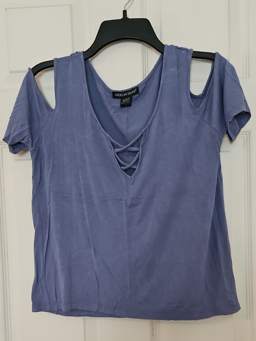 American Dream Light Blue Cold-Shoulder Crisscross V-Neck Top